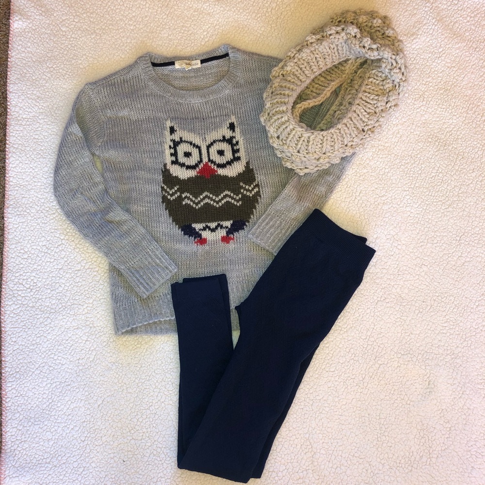 Owl sweater, thick navy blue leggings, scarf